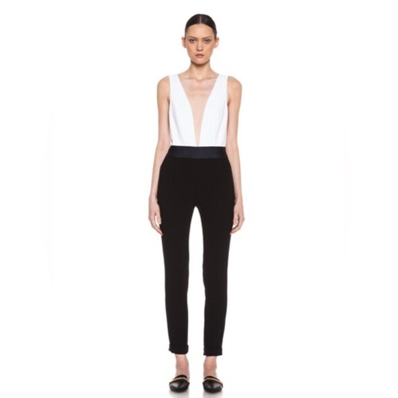 Jenni Kayne Pants - Jenni Kayne Tuxedo Cotton & Silk Jumpsuit Double V White Black Size 4